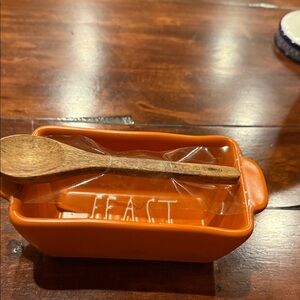 Rae Dunn Orange Mini Loaf Pan “Feast” With Wood Spoon- New